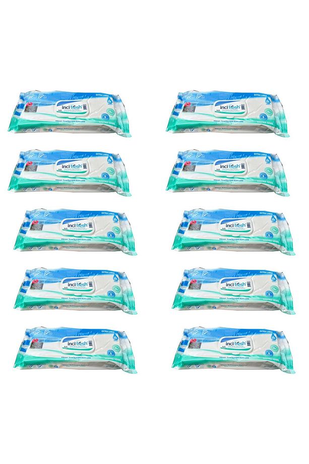 İnci Fresh Islak Vücut Temizleme Havlusu Mendil - Vitamin E + B5 - Parabensiz - 50 Adetlik 10 Paket - 1