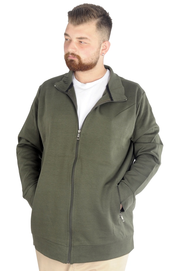 Mode XL Large Size Men's Cardigan Zippered Stell Stand Collar 20571 Khaki