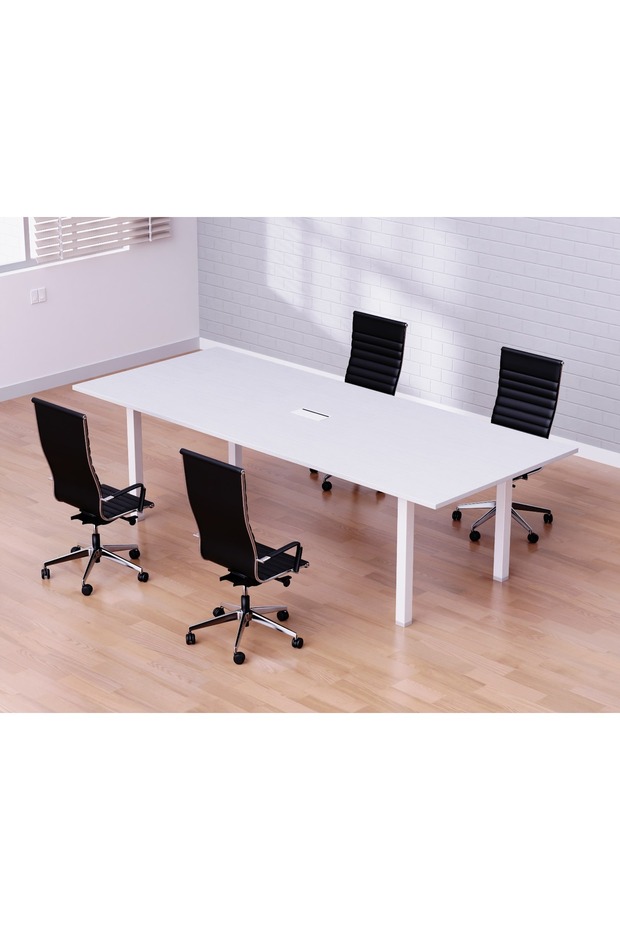Meeting Table Conference Table with Wire Management & Metal Legs-4 Seater, U-Leg (White)