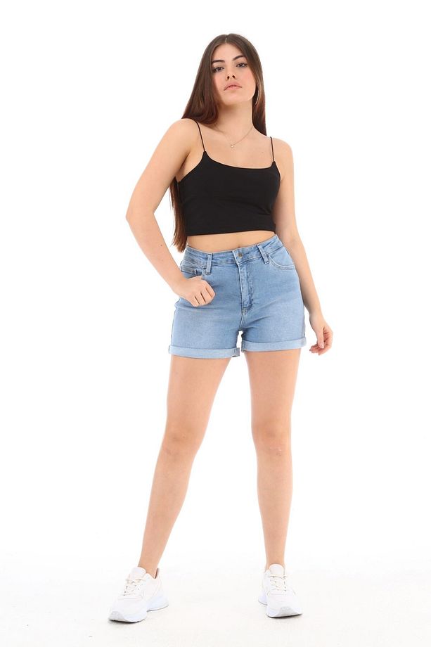 Kadın Yüksek Bel Duble Paça Kot Şort Klasik Mini Jean Şort C604 - 3