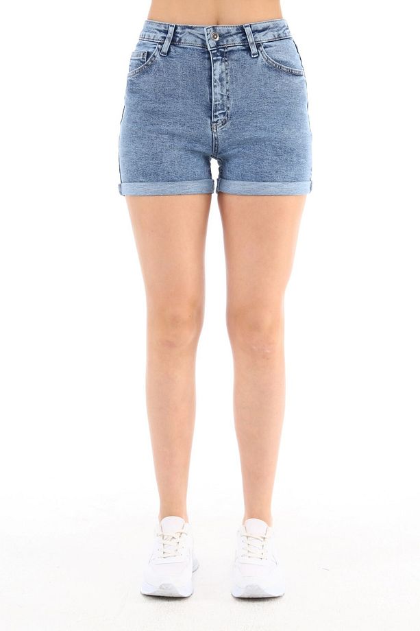 Kadın Yüksek Bel Duble Paça Kot Şort Klasik Mini Jean Şort C604 - 1