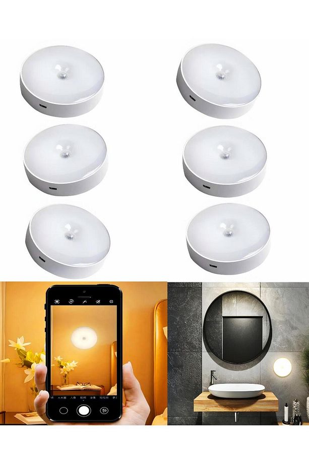 6 Adet Şarjlı Hareket Sensörlü 8 Led Banyo Dolap Merdiven Lamba Yapışkanlı Manyetik Gün Işığı Aplik - 1
