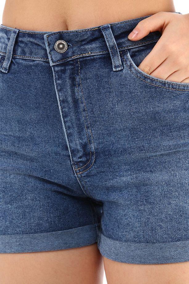 Kadın Yüksek Bel Duble Paça Kot Şort Klasik Mini Jean Şort C604 - 8