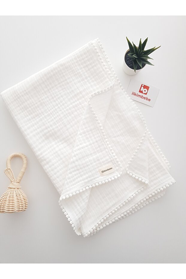 Pompom Four Layer Muslin Baby Blanket Muslin Cover 85 X 90