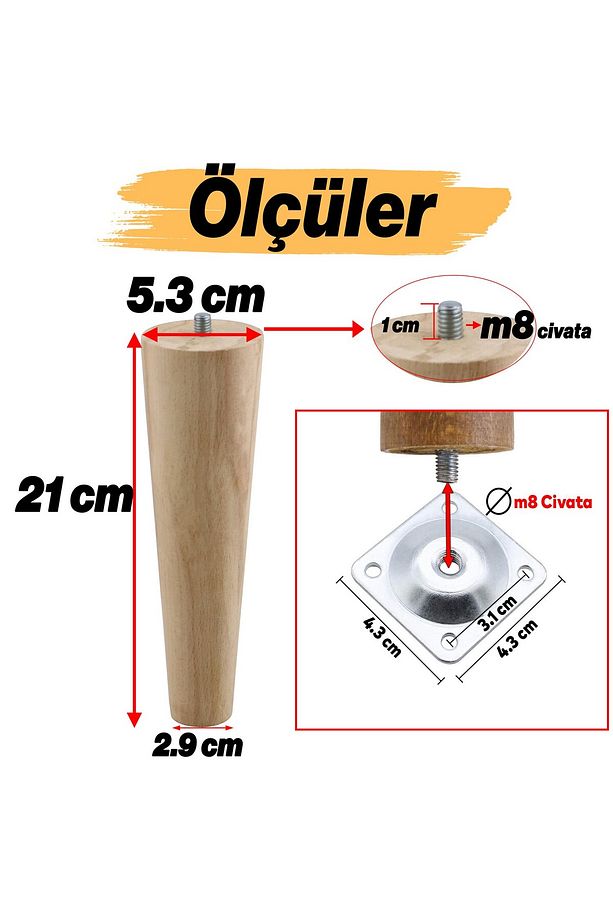 4 ADET Ahşap 21 cm Bağlantı Aparat Mobilya Koltuk Kanepe Berjer Ayağı Yükseltici Ayakları M8 Civata - 3