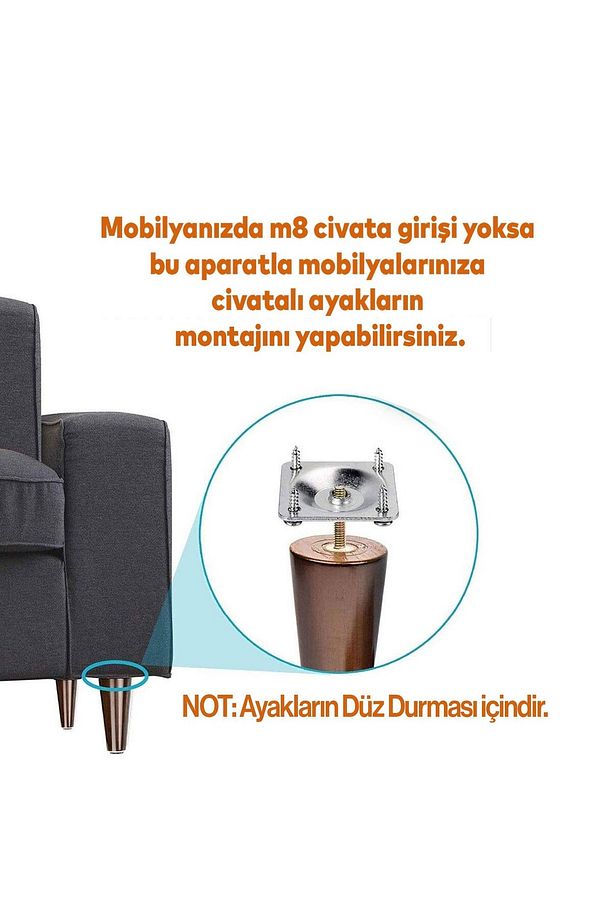 4 ADET Ahşap 21 cm Bağlantı Aparat Mobilya Koltuk Kanepe Berjer Ayağı Yükseltici Ayakları M8 Civata - 5