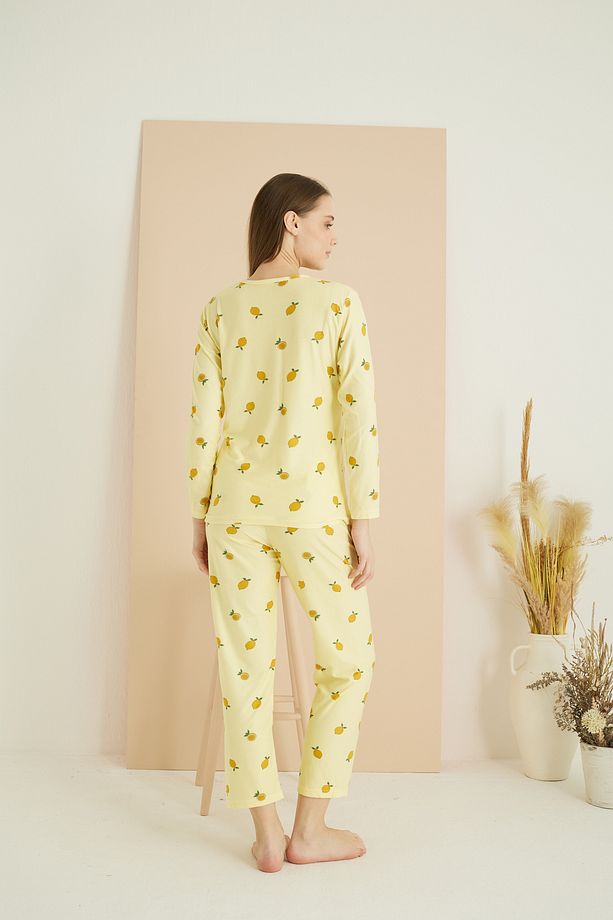 sarı limon desenli Yumuşak Dokulu Örme Pijama Takım 7819 - 3