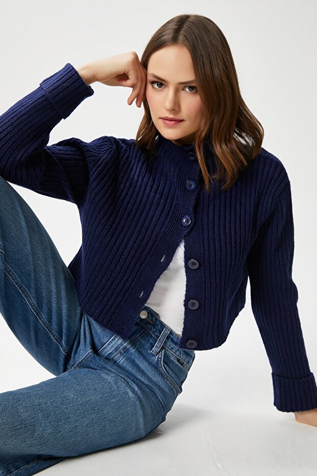 Women's Wendy Soft Texture Stand Collar Navy Blue Knitwear Cardigan