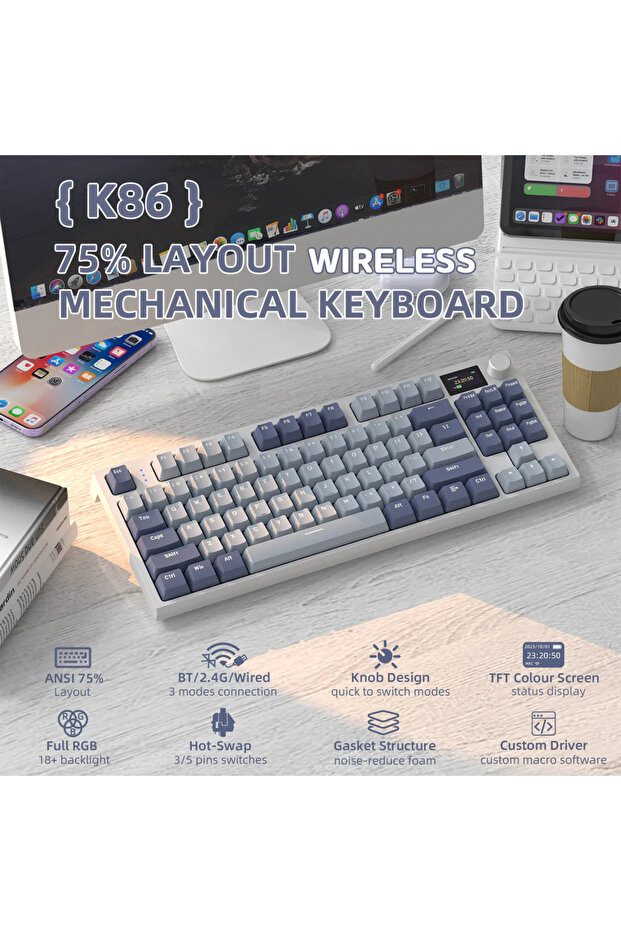 Attack Shark K86 2.4G Wireles/Bluetooth/USBC Gasket Kablosuz RGB Ekranlı Mekanik Klavye TÜRKÇE Q - 2