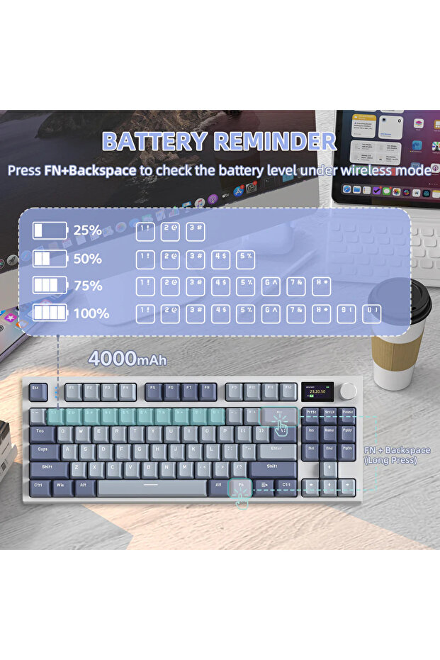 Attack Shark K86 2.4G Wireles/Bluetooth/USBC Gasket Kablosuz RGB Ekranlı Mekanik Klavye TÜRKÇE Q - 8