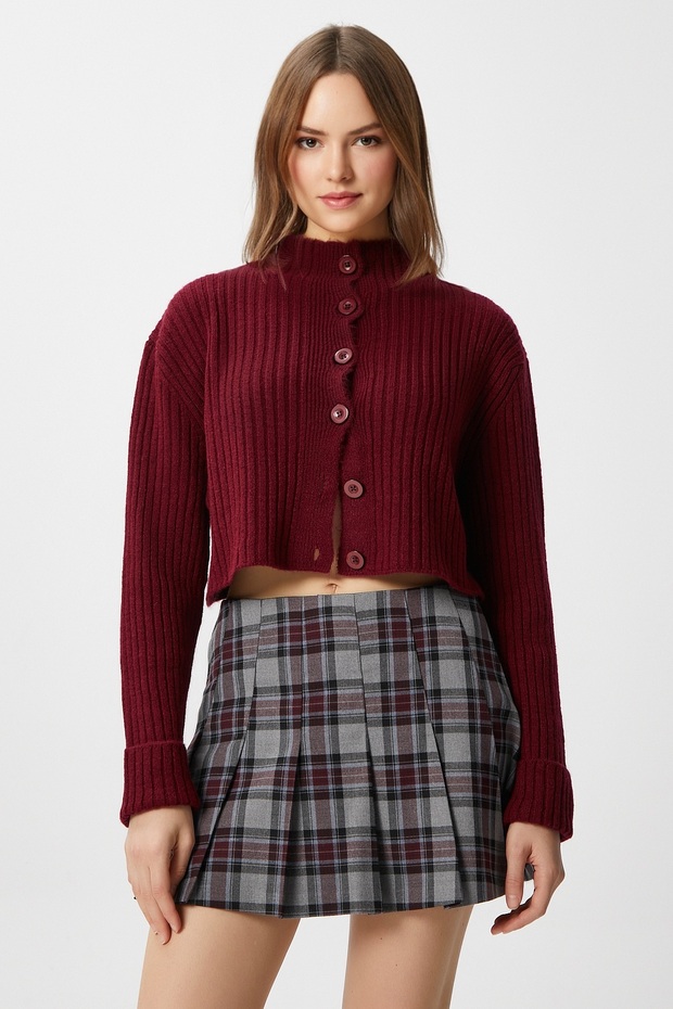 Women's Wendy Soft Texture Stand Collar Claret Red Knitwear Cardigan