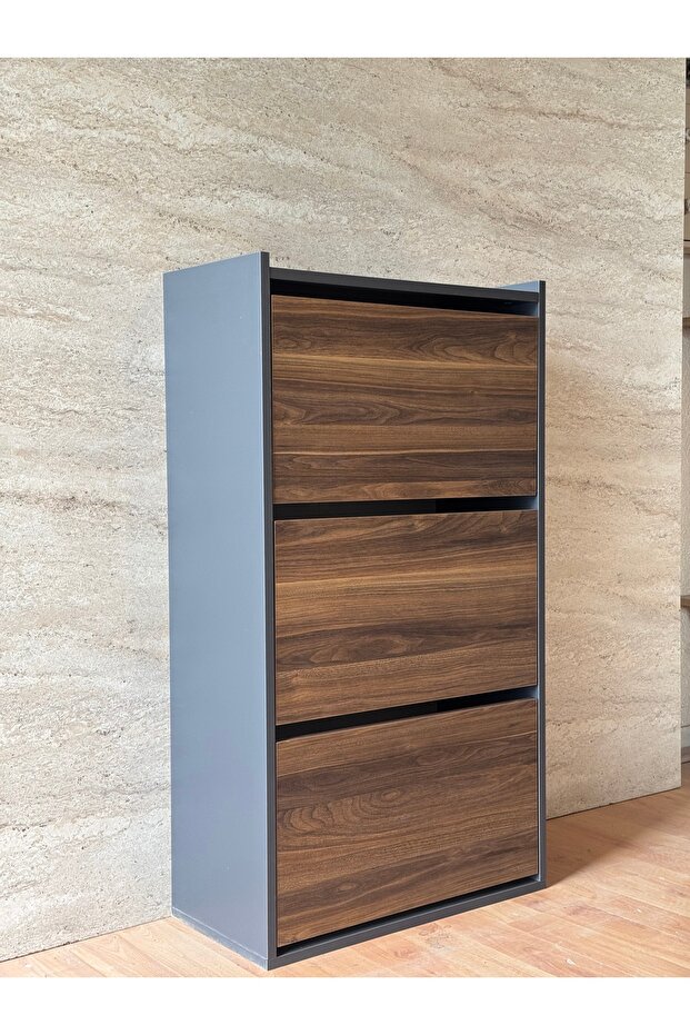 Düşer Kapaklı Ayakkabılık Kayar Raflı Ayakkabılık 3 Bölmeli Ayakkabılık Ceviz Kapaklı - 2