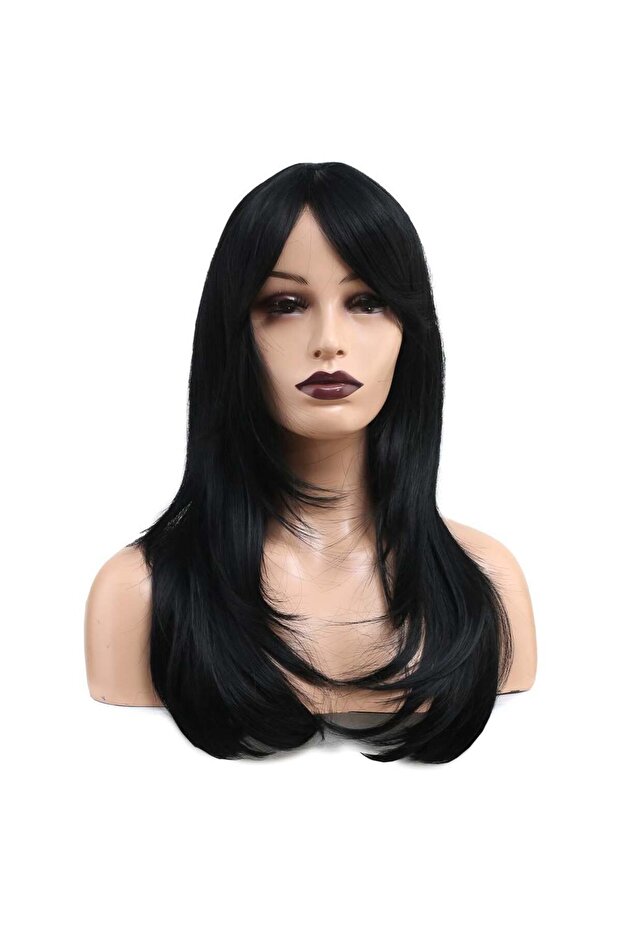 Layered Cut Riveted Straight Fiber Synthetic Medium Wig - Black