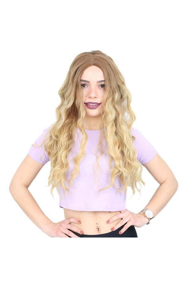 Water Wave Long Rivetless Fiber Synthetic Wig - Auburn / Yellow Ombreli