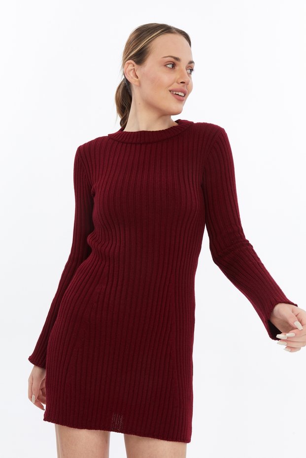 Women's Burgundy Crew Neck Knitwear Dress