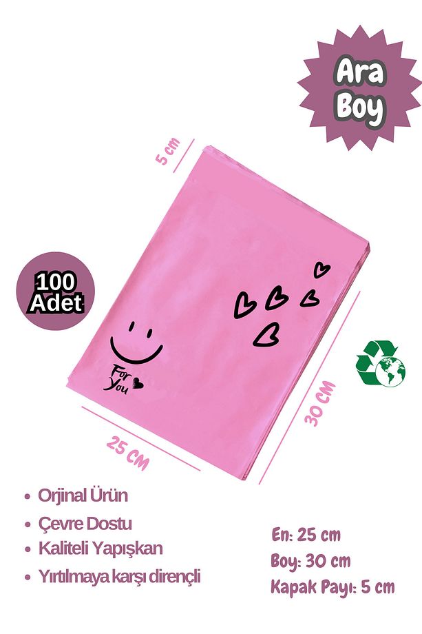 100 Adet 25x35(+5cm Kapak) Fuşya Yapışkanlı Hediye Poşeti Kargo Poşeti - 2