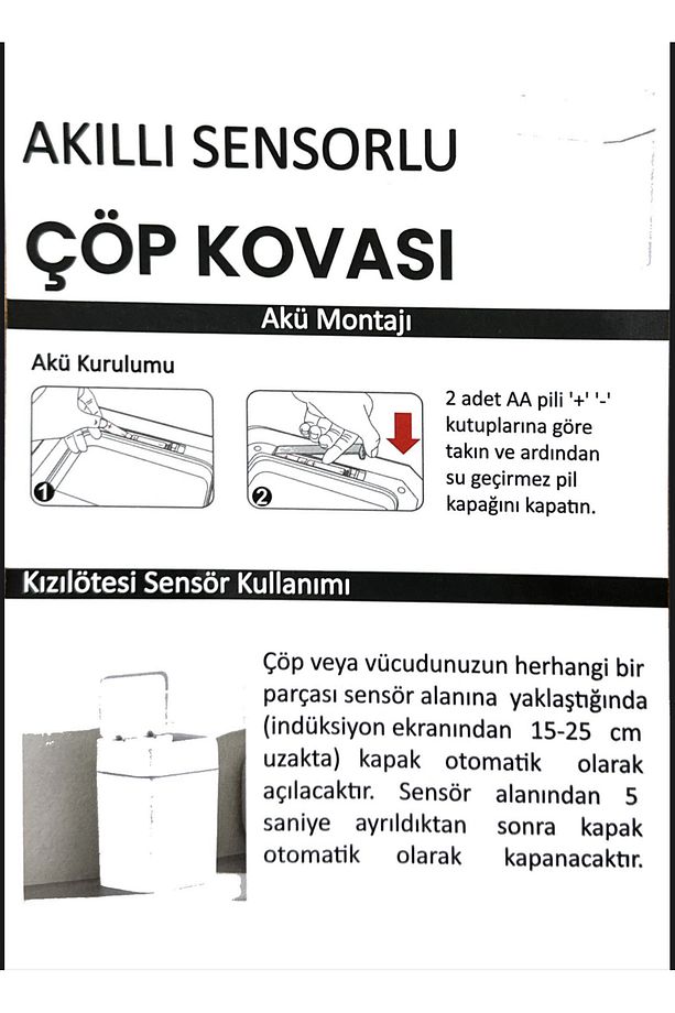 12 Lt Hareket Sensörlü Sessiz Kapatma  Çok Amaçlı Çöp Kutusu 2 ADET AA (kalem) PİL ile çalışmaktadır - 7