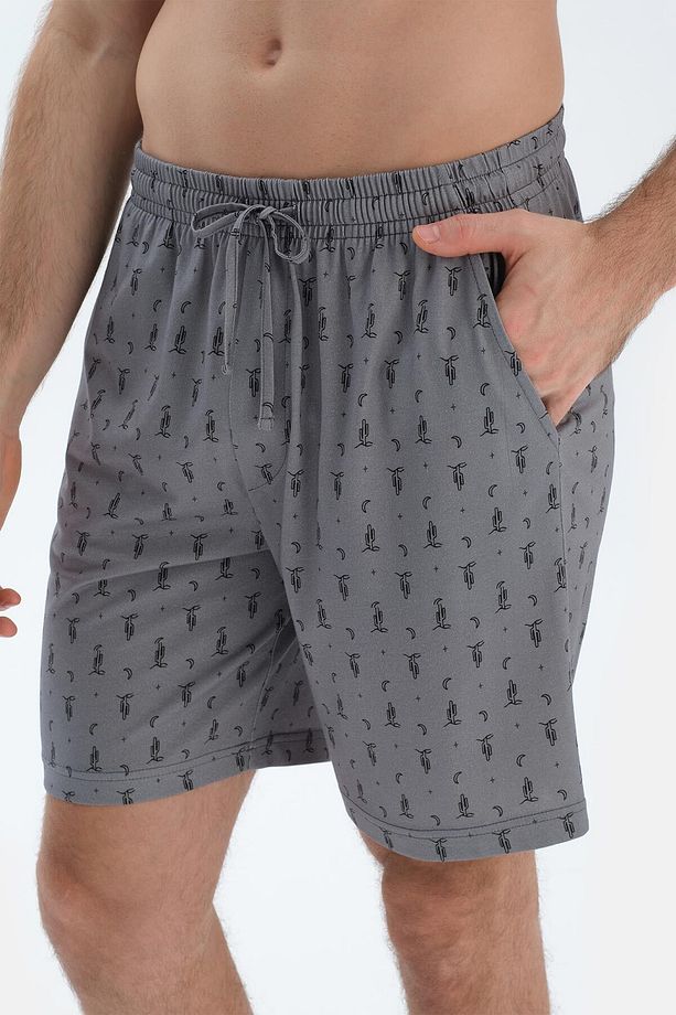 Gri Metraj Baskılı Gömlek Şort Pijama Takımı - 6