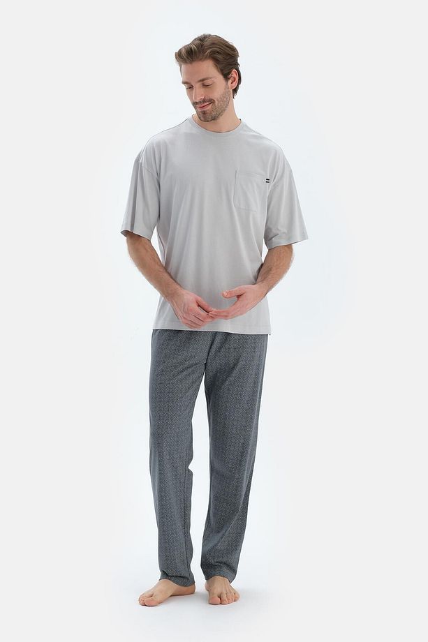 Gri Bisiklet Yaka Oversıze Üstlü Pamuk Modal Pijama Takımı - 4
