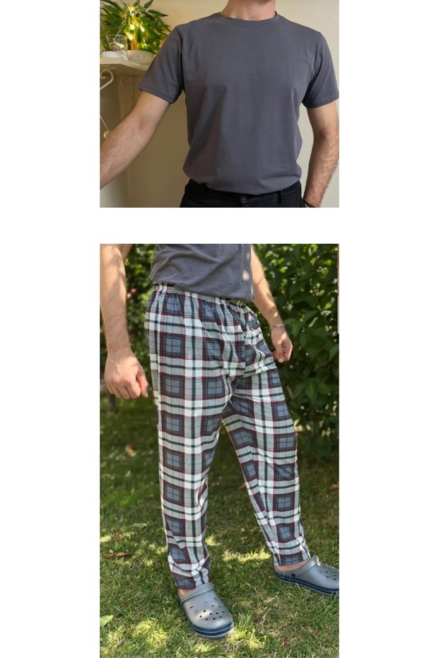 Anthracite Regular Fit Bottom Plaid Checked Cotton Knitted Crew Neck Men's Pajama Set