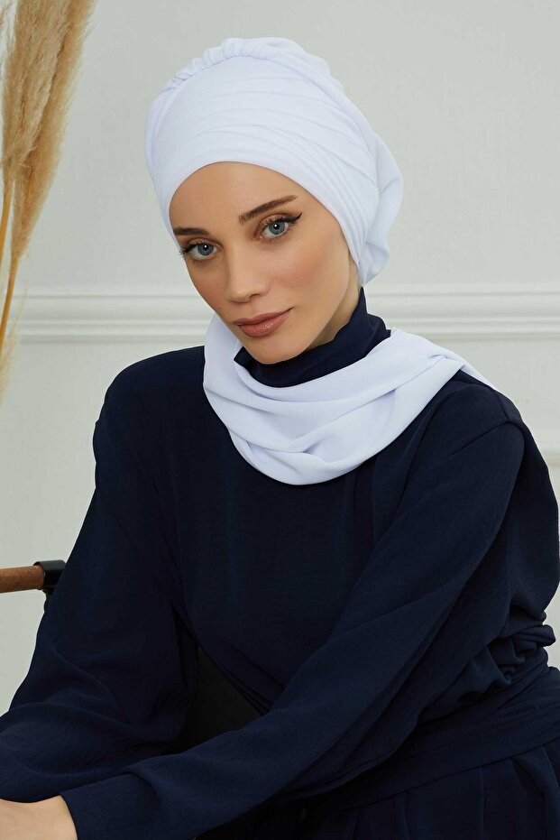 Cross Planting Scarf Design Chiffon Ready-Made Turban,Ht-48,White