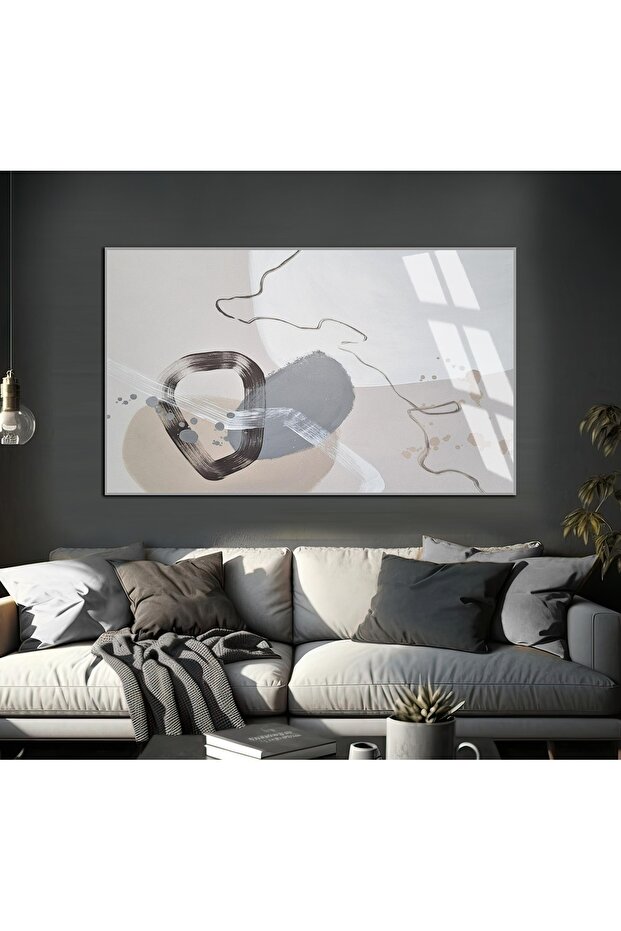Hari̇kabi̇rev | Beige-Cream-Grey Abstract Patterned Shape 1 | Framed Tempered Glass Table Single Horizontal