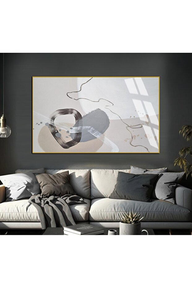 Hari̇kabi̇rev | Beige-Cream-Grey Abstract Patterned Shape 1 | Framed Tempered Glass Table Single Horizontal