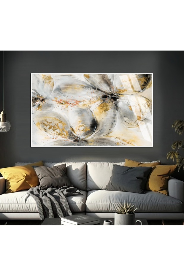Hari̇kabi̇rev | White-Black-Gold Abstract Flower Figure 1 | Framed Tempered Glass Table Single Horizontal