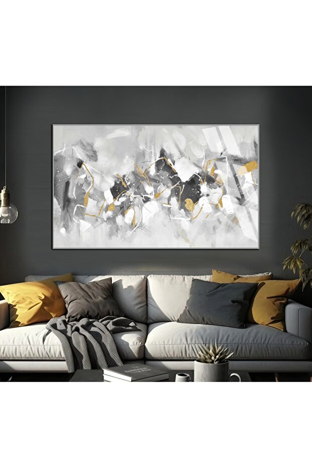 Hari̇kabi̇rev |   Gray-Gold Abstract Patterned Model X | Framed Tempered Glass Table Single Horizontal