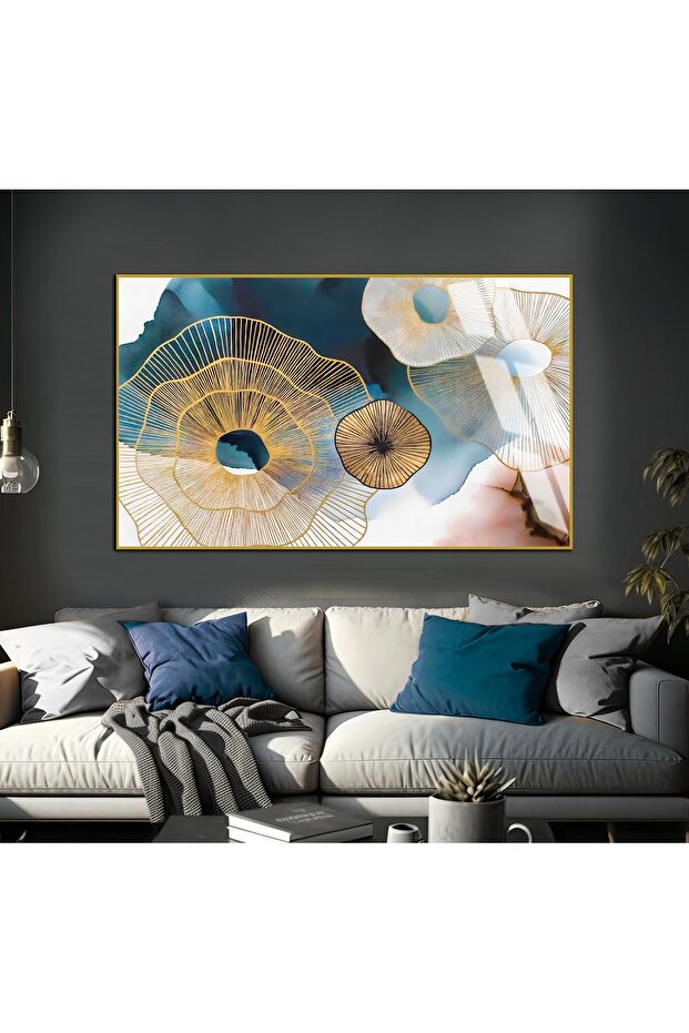 Hari̇kabi̇rev | Dark Blue-Gold Abstract Patterned Model | Framed Tempered Glass Table Single Horizontal