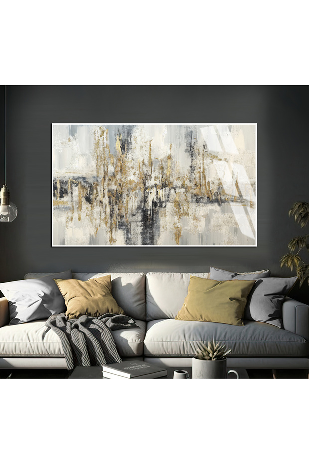 Hari̇kabi̇rev | Gold-Grey Abstract Patterns Model 01 | Framed Tempered Glass Table Single Horizontal