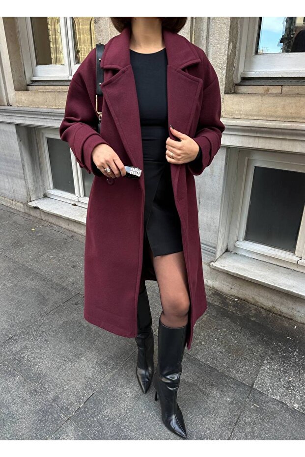 Women's Oversize Wide Fit Long Maxi Lined Cashmere Coat Burgundy