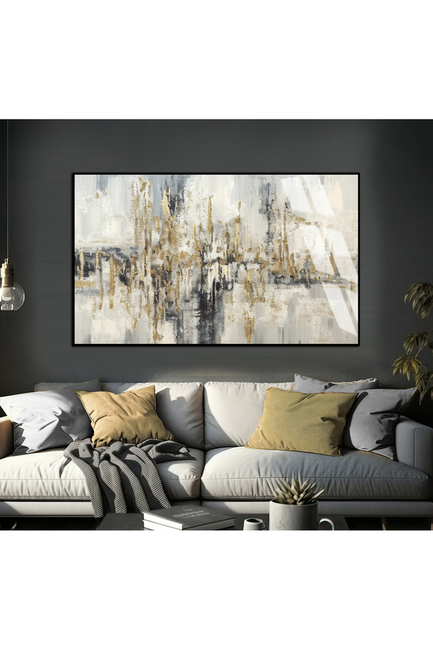 Hari̇kabi̇rev | Gold-Grey Abstract Patterns Model 01 | Framed Tempered Glass Table Single Horizontal