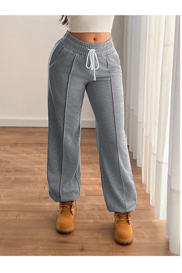 Gri Ön Cımalı Sokak Modası JOGGER Büyük Beden Eşofman Altı Pantolon Altı 2 İplik Örme Kumaş Tessetür - 6