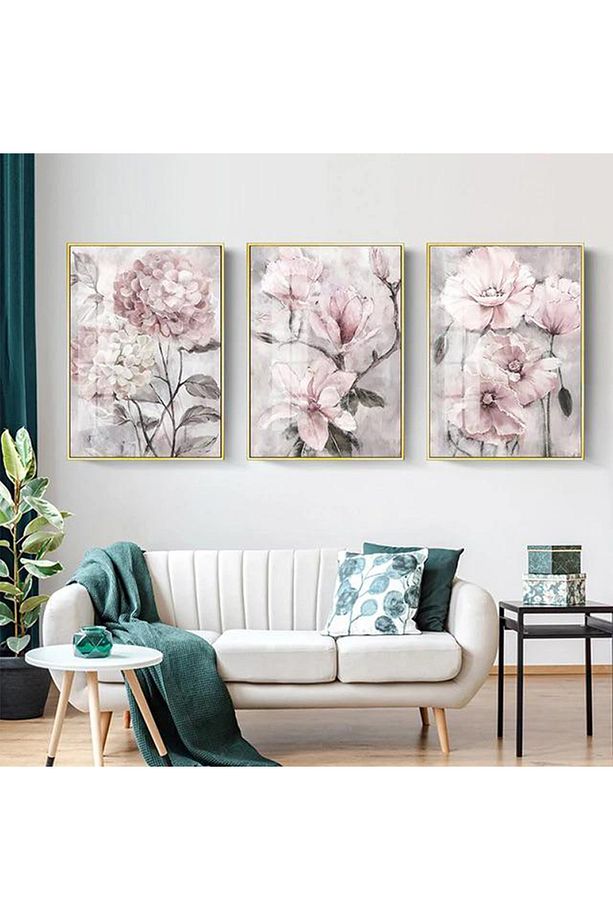 Üçlü Gold Metal Çerçeve Pembe Çiçekler Cam Tablo Seti - 1