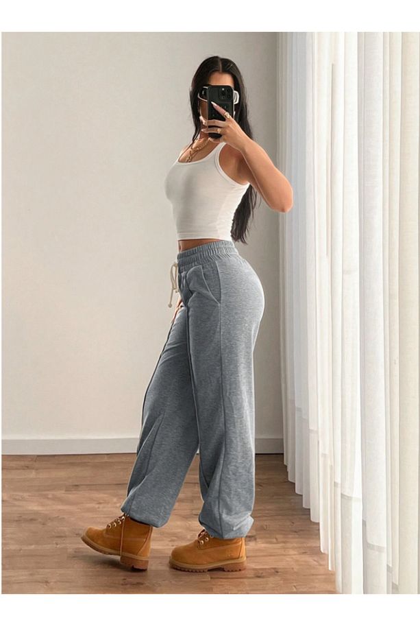 Gri Ön Cımalı Sokak Modası JOGGER Büyük Beden Eşofman Altı Pantolon Altı 2 İplik Örme Kumaş Tessetür - 4