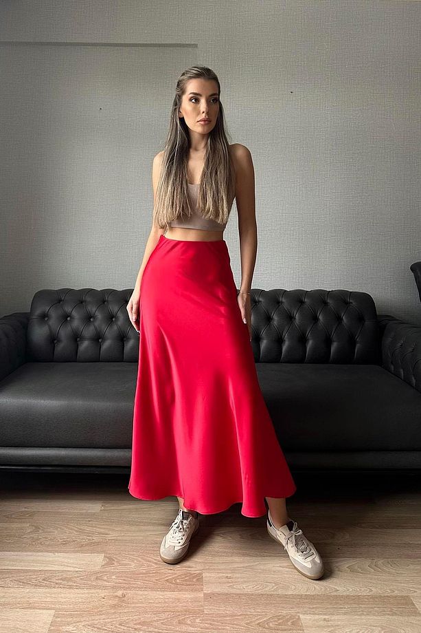 Mohinto Saten Balık Midi Etek Kırmızı - 7