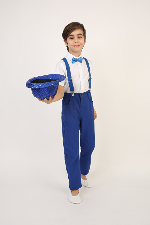 Boy's White Short Sleeve Shirt Cobalt Blue Suspender Bow Tie Suit April 23, October 29 Show Outfit