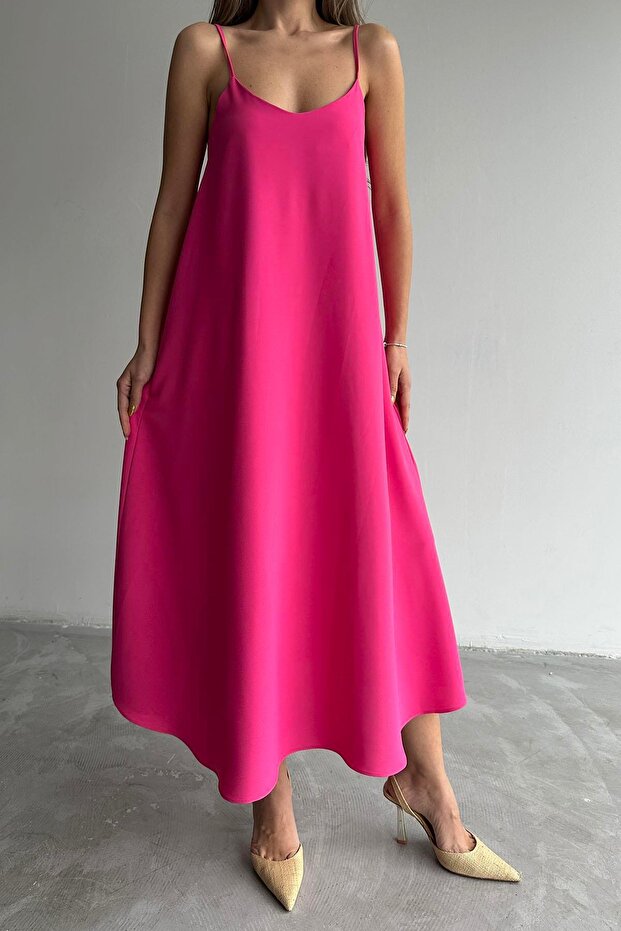 Viskon Askılı Elbise Pembe - 3