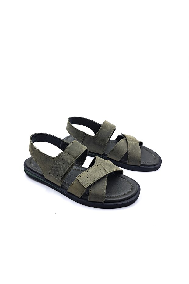 Lightweight Design Comfort Genuine Leather Khaki Green Men's Velcro Sandals