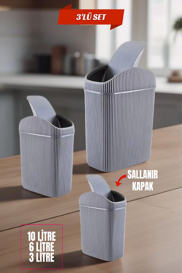 3'lü Çöp Kovası, Mutfak, Banyo, Tuvalet, Ofis Çöp Kutusu Gri - 1