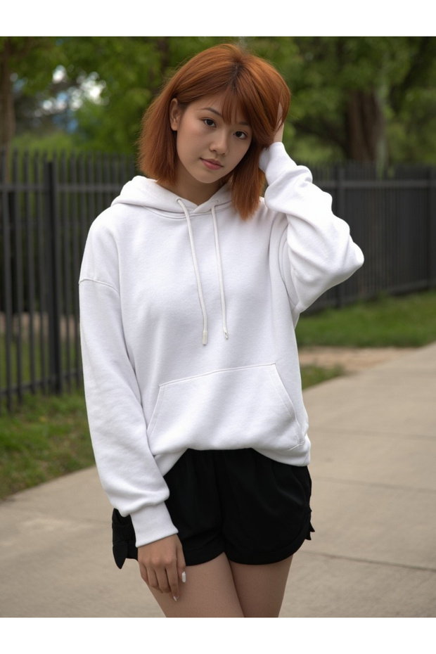 Unisex White Oversize Hooded Plain Sweatshirt Raster Fabric
