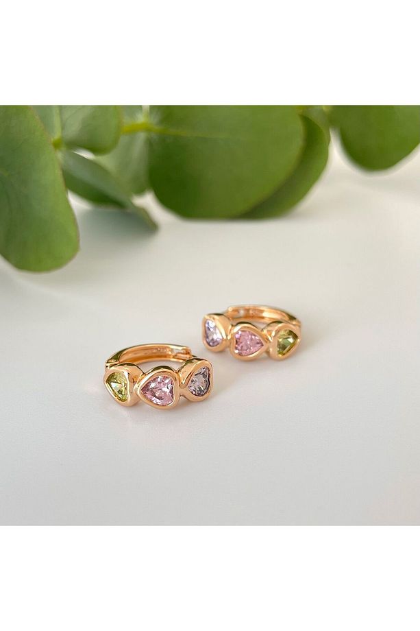 Premium Renkli Sıra Taşlı Kalp Küpe Rose Gold - 1
