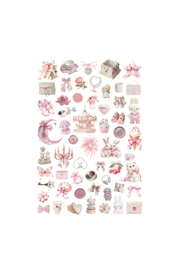 57 Pcs Coquette Kawaii Sweet Pink Sticker Set - Sticker Set Scrapbook Bullet Journal