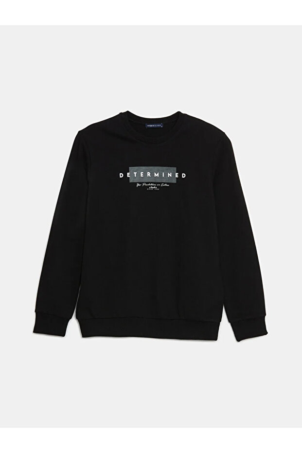 Lcwaikiki Classic Black Crew Neck Long Sleeve Printed Men's Sweatshirt