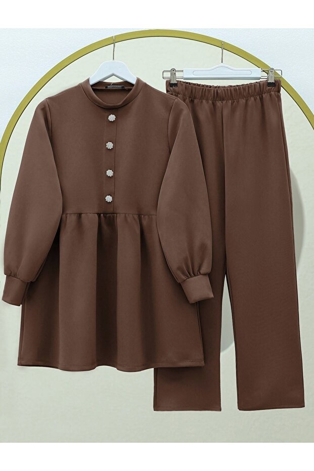 Piece Stone Button Detailed Skuba Set - Brown