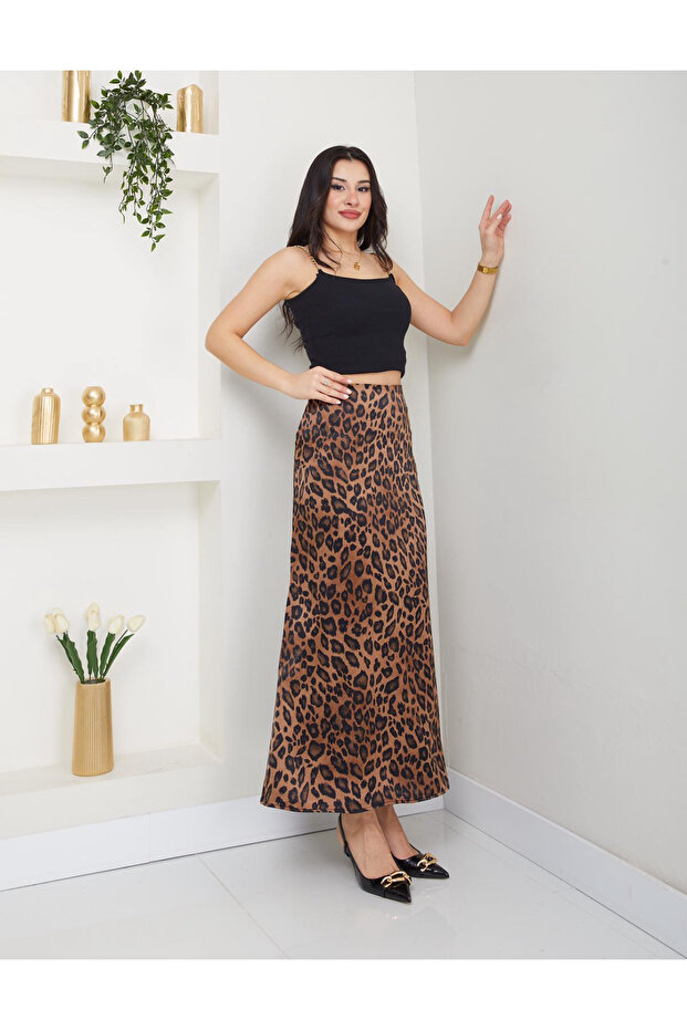 Leopard Patterned Satin Skirt - 1