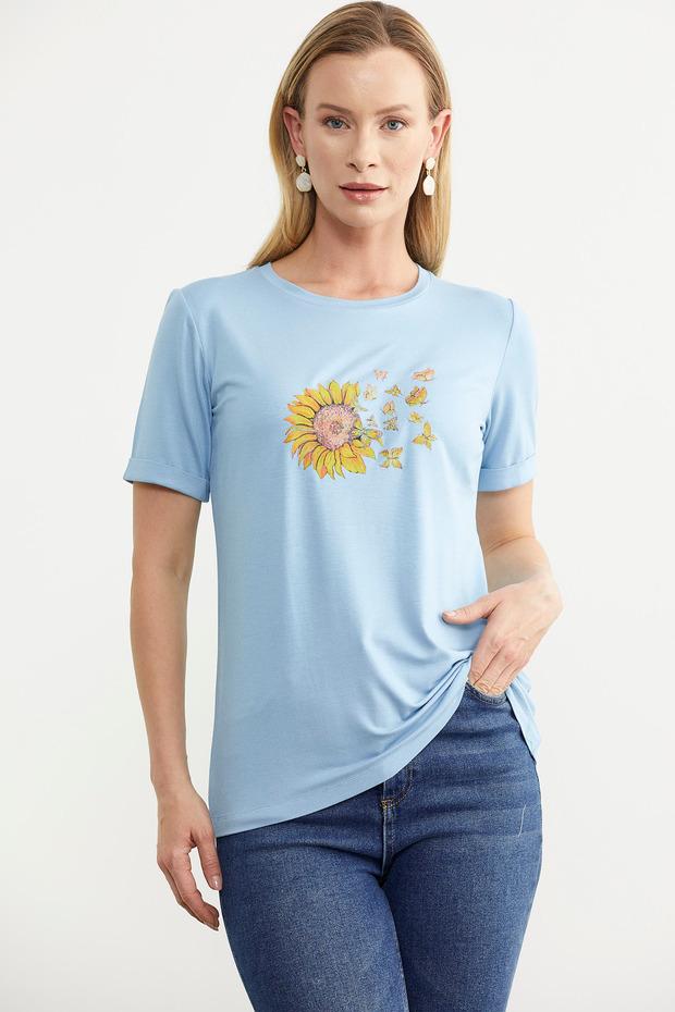 Baskılı Basic Penye Tişört - Mavi - 2