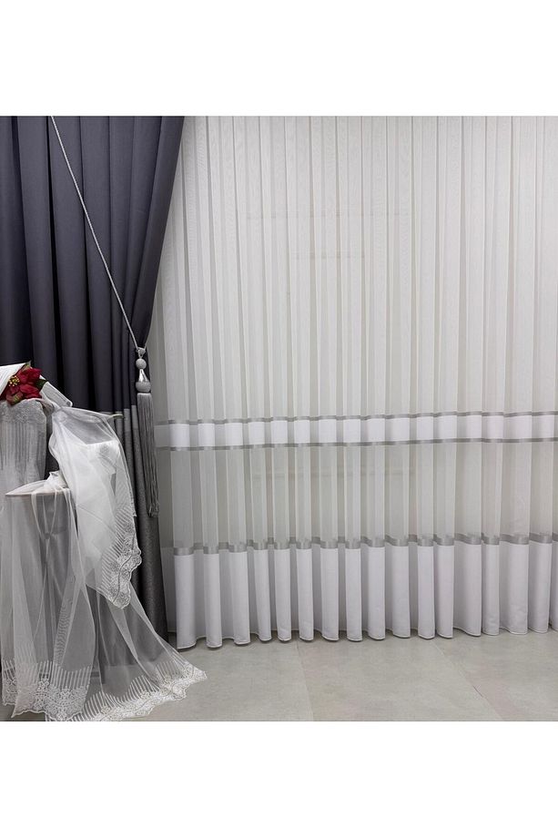 Nivemeshome Gri Geçişli Şeritli Kırışmaz Tül Perde 1/2,5  Pile - 2