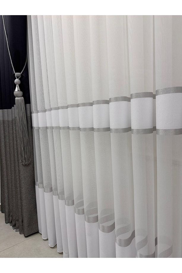Nivemeshome Gri Geçişli Şeritli Kırışmaz Tül Perde 1/2,5  Pile - 7